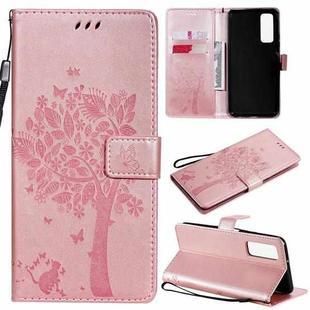 For Huawei P Smart 2021 Tree & Cat Pattern Pressed Printing Horizontal Flip PU Leather Case with Holder & Card Slots & Wallet & Lanyard(Rose Gold)