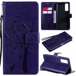 For Huawei P Smart 2021 Tree & Cat Pattern Pressed Printing Horizontal Flip PU Leather Case with Holder & Card Slots & Wallet & Lanyard(Purple)