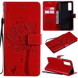 For Huawei P Smart 2021 Tree & Cat Pattern Pressed Printing Horizontal Flip PU Leather Case with Holder & Card Slots & Wallet & Lanyard(Red)