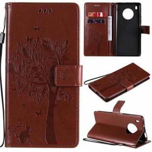 For Huawei Y9a Tree & Cat Pattern Pressed Printing Horizontal Flip PU Leather Case with Holder & Card Slots & Wallet & Lanyard(Coffee)