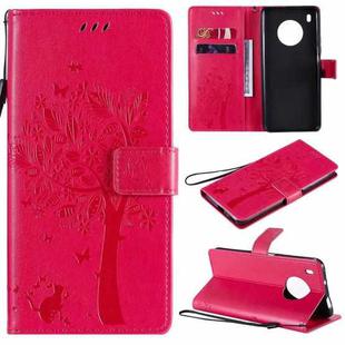 For Huawei Y9a Tree & Cat Pattern Pressed Printing Horizontal Flip PU Leather Case with Holder & Card Slots & Wallet & Lanyard(Rose Red)