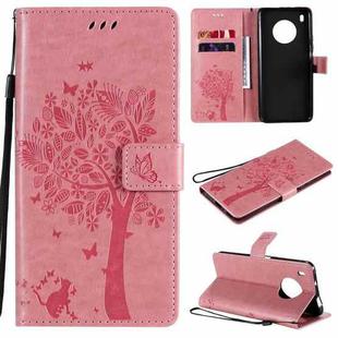 For Huawei Y9a Tree & Cat Pattern Pressed Printing Horizontal Flip PU Leather Case with Holder & Card Slots & Wallet & Lanyard(Pink)