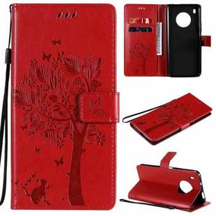 For Huawei Y9a Tree & Cat Pattern Pressed Printing Horizontal Flip PU Leather Case with Holder & Card Slots & Wallet & Lanyard(Red)