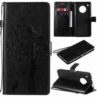 For Huawei Y9a Tree & Cat Pattern Pressed Printing Horizontal Flip PU Leather Case with Holder & Card Slots & Wallet & Lanyard(Black)