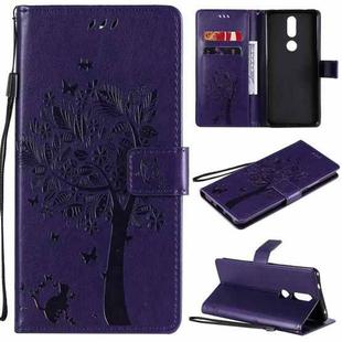 For Nokia 2.4 Tree & Cat Pattern Pressed Printing Horizontal Flip PU Leather Case with Holder & Card Slots & Wallet & Lanyard(Purple)