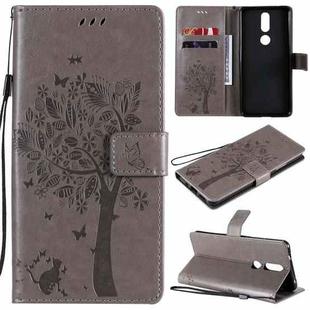 For Nokia 2.4 Tree & Cat Pattern Pressed Printing Horizontal Flip PU Leather Case with Holder & Card Slots & Wallet & Lanyard(Grey)