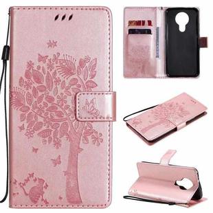 For Nokia 3.4 Tree & Cat Pattern Pressed Printing Horizontal Flip PU Leather Case with Holder & Card Slots & Wallet & Lanyard(Rose Gold)