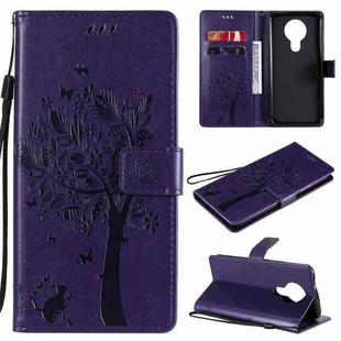 For Nokia 3.4 Tree & Cat Pattern Pressed Printing Horizontal Flip PU Leather Case with Holder & Card Slots & Wallet & Lanyard(Purple)