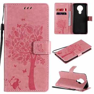 For Nokia 3.4 Tree & Cat Pattern Pressed Printing Horizontal Flip PU Leather Case with Holder & Card Slots & Wallet & Lanyard(Pink)