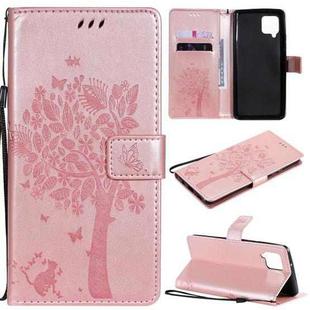 For Samsung Galaxy A42 5G Tree & Cat Pattern Pressed Printing Horizontal Flip PU Leather Case with Holder & Card Slots & Wallet & Lanyard(Rose Gold)