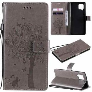 For Samsung Galaxy A42 5G Tree & Cat Pattern Pressed Printing Horizontal Flip PU Leather Case with Holder & Card Slots & Wallet & Lanyard(Grey)