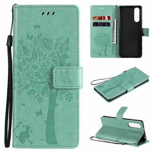 For Sony Xperia5 II Tree & Cat Pattern Pressed Printing Horizontal Flip PU Leather Case with Holder & Card Slots & Wallet & Lanyard(Green)