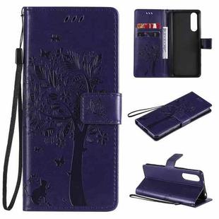 For Sony Xperia5 II Tree & Cat Pattern Pressed Printing Horizontal Flip PU Leather Case with Holder & Card Slots & Wallet & Lanyard(Purple)