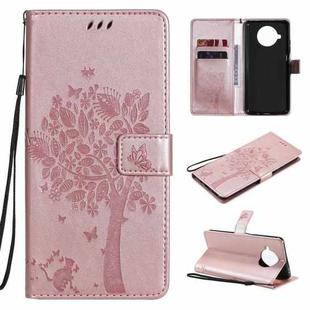 For Xiaomi Mi 10T Lite 5G Tree & Cat Pattern Pressed Printing Horizontal Flip PU Leather Case with Holder & Card Slots & Wallet & Lanyard(Rose Gold)