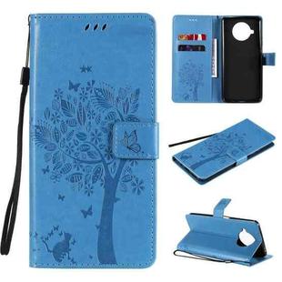 For Xiaomi Mi 10T Lite 5G Tree & Cat Pattern Pressed Printing Horizontal Flip PU Leather Case with Holder & Card Slots & Wallet & Lanyard(Blue)