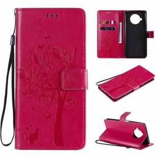 For Xiaomi Mi 10T Lite 5G Tree & Cat Pattern Pressed Printing Horizontal Flip PU Leather Case with Holder & Card Slots & Wallet & Lanyard(Rose Red)