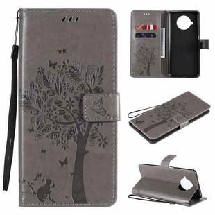 For Xiaomi Mi 10T Lite 5G Tree & Cat Pattern Pressed Printing Horizontal Flip PU Leather Case with Holder & Card Slots & Wallet & Lanyard(Grey)