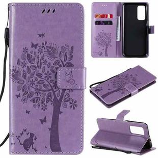 For Xiaomi Mi 10T / 10T Pro Tree & Cat Pattern Pressed Printing Horizontal Flip PU Leather Case with Holder & Card Slots & Wallet & Lanyard(Light Purple)