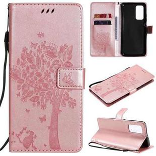 For Xiaomi Mi 10T / 10T Pro Tree & Cat Pattern Pressed Printing Horizontal Flip PU Leather Case with Holder & Card Slots & Wallet & Lanyard(Rose Gold)