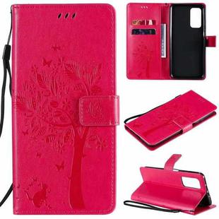 For Xiaomi Mi 10T / 10T Pro Tree & Cat Pattern Pressed Printing Horizontal Flip PU Leather Case with Holder & Card Slots & Wallet & Lanyard(Rose Red)