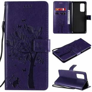 For Xiaomi Mi 10T / 10T Pro Tree & Cat Pattern Pressed Printing Horizontal Flip PU Leather Case with Holder & Card Slots & Wallet & Lanyard(Purple)