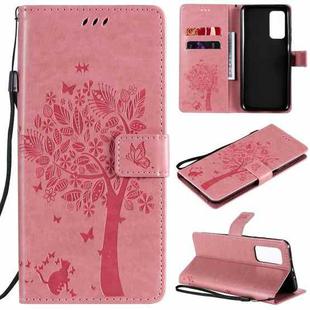 For Xiaomi Mi 10T / 10T Pro Tree & Cat Pattern Pressed Printing Horizontal Flip PU Leather Case with Holder & Card Slots & Wallet & Lanyard(Pink)