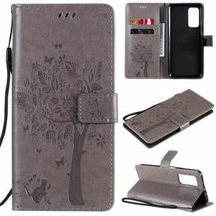 For Xiaomi Mi 10T / 10T Pro Tree & Cat Pattern Pressed Printing Horizontal Flip PU Leather Case with Holder & Card Slots & Wallet & Lanyard(Grey)
