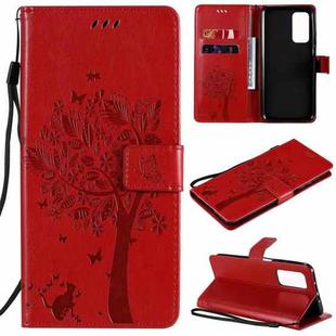 For Xiaomi Mi 10T / 10T Pro Tree & Cat Pattern Pressed Printing Horizontal Flip PU Leather Case with Holder & Card Slots & Wallet & Lanyard(Red)