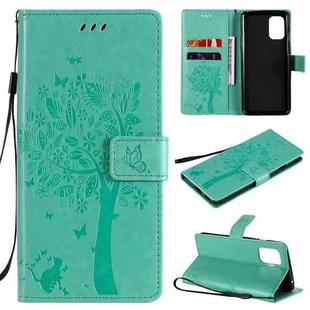 For OnePlus 8T Tree & Cat Pattern Pressed Printing Horizontal Flip PU Leather Case with Holder & Card Slots & Wallet & Lanyard(Green)