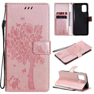For OnePlus 8T Tree & Cat Pattern Pressed Printing Horizontal Flip PU Leather Case with Holder & Card Slots & Wallet & Lanyard(Rose Gold)
