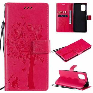 For OnePlus 8T Tree & Cat Pattern Pressed Printing Horizontal Flip PU Leather Case with Holder & Card Slots & Wallet & Lanyard(Rose Red)