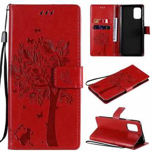 For OnePlus 8T Tree & Cat Pattern Pressed Printing Horizontal Flip PU Leather Case with Holder & Card Slots & Wallet & Lanyard(Red)