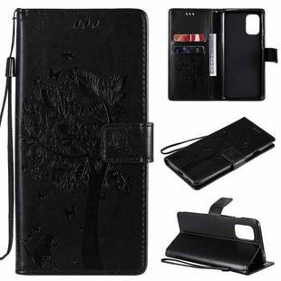 For OnePlus 8T Tree & Cat Pattern Pressed Printing Horizontal Flip PU Leather Case with Holder & Card Slots & Wallet & Lanyard(Black)