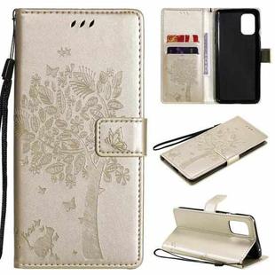 For OnePlus 8T Tree & Cat Pattern Pressed Printing Horizontal Flip PU Leather Case with Holder & Card Slots & Wallet & Lanyard(Gold)