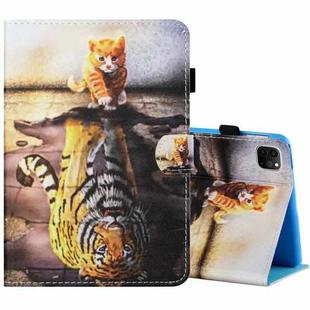 Sewing Thread Horizontal Painted Flat Leather Case with Pen Cover & Anti Skid Strip & Card Slot & Holder & Sleep / Wake-up Function For iPad Air 2022 / 2020 10.9(Cat And Tiger)