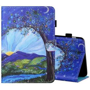 For Amazon Kindle Fire HD8 2020 Sewing Thread Horizontal Painted Flat Leather Case with Pen Cover & Anti Skid Strip & Card Slot & Holder & Sleep / Wake-up Function(Sunrise With Tree)