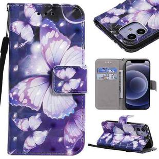 For iPhone 12 mini 3D Painting Horizontal Flip Leather Case with Holder & Card Slot & Lanyard (Purple Butterflies)