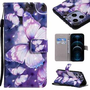 For iPhone 12 Pro Max 3D Painting Horizontal Flip Leather Case with Holder & Card Slot & Lanyard(Purple Butterflies)