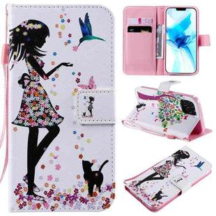 For iPhone 12 / 12 Pro Painting Horizontal Flip Leather Case with Holder & Card Slot & Lanyard(Woman and Cat)