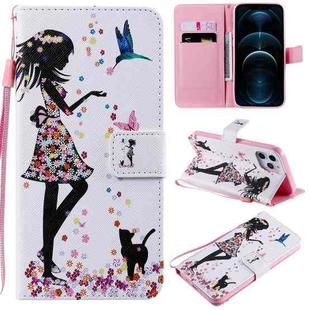 For iPhone 12 Pro Max Painting Horizontal Flip Leather Case with Holder & Card Slot & Lanyard(Woman and Cat)