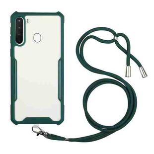 For Samsung Galaxy A21 Acrylic + Color TPU Shockproof Case with Neck Lanyard(Dark Green)