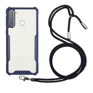 For Samsung Galaxy A21 Acrylic + Color TPU Shockproof Case with Neck Lanyard(Dark Blue)