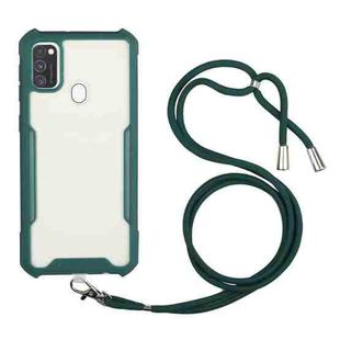 For Samsung Galaxy A21s Acrylic + Color TPU Shockproof Case with Neck Lanyard(Dark Green)