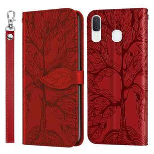 For Samsung Galaxy A20e Life of Tree Embossing Pattern Horizontal Flip Leather Case with Holder & Card Slot & Wallet & Photo Frame & Lanyard(Red)