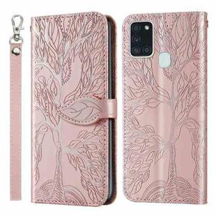 For Samsung Galaxy A21s Life of Tree Embossing Pattern Horizontal Flip Leather Case with Holder & Card Slot & Wallet & Photo Frame & Lanyard(Rose Gold)