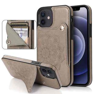 For iPhone 12 mini Embossed Pattern PU + TPU Protective Case with Holder & Wallet & Card Slots (Grey)