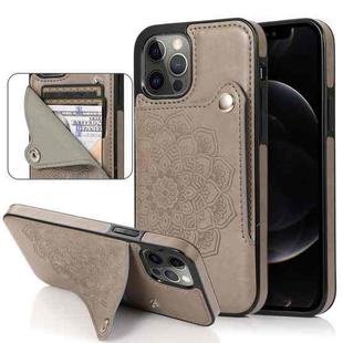 For iPhone 12 / 12 Pro Embossed Pattern PU + TPU Protective Case with Holder & Wallet & Card Slots(Grey)