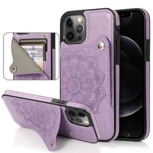 For iPhone 12 / 12 Pro Embossed Pattern PU + TPU Protective Case with Holder & Wallet & Card Slots(Purple)