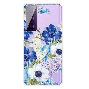 For Samsung Galaxy S21 5G Colored Drawing Pattern Highly Transparent TPU Protective Case(Blue and White Roses)
