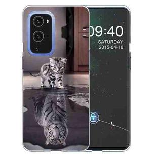 For OnePlus 9 Colored Drawing Pattern Highly Transparent TPU Protective Case(Reflection Cat Tiger)